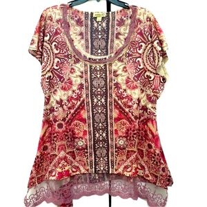 One World Bohemian Cherry Red Print Top With Lace Size X-Large.